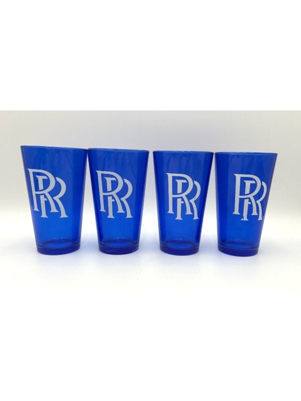 Set Of 4 Rolls-Royce RR Logo Drinking Glass Blue Frosted White Logo 16oz